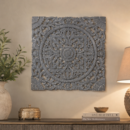 Carved Wooden Square Panel – close-up detail view | INARA