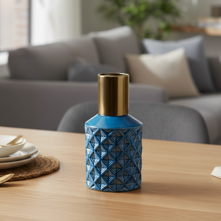 Ceramic Blue Glazed Vase – close-up detail view | INARA