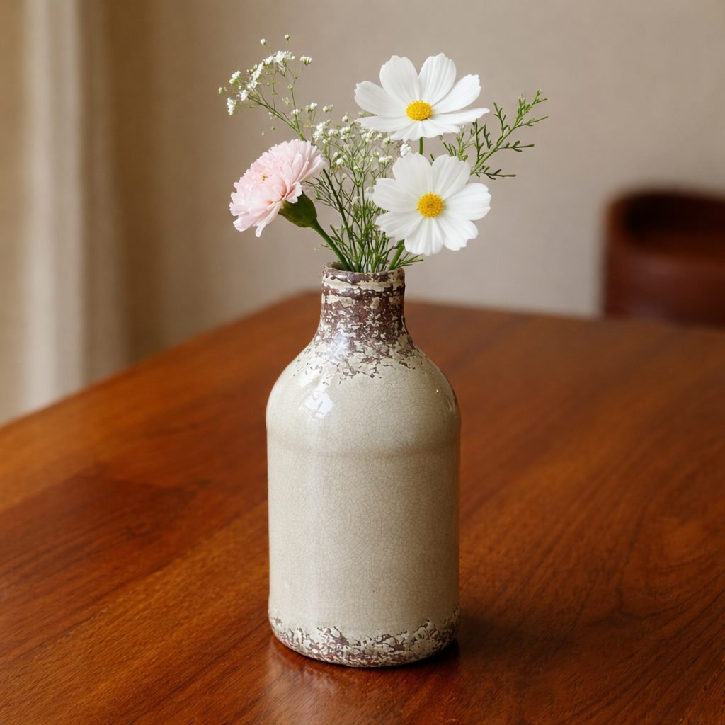 Rustic crackle-glaze ceramic bottle vase with minimal white and pink flowers placed on a polished wooden table in soft natural light.