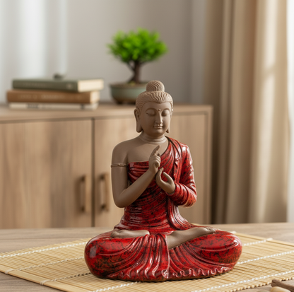 Red ceramic Buddha statue placed on a bamboo mat in a warmly lit room, with a blurred background showing a wooden cabinet, books, and a small bonsai tree.