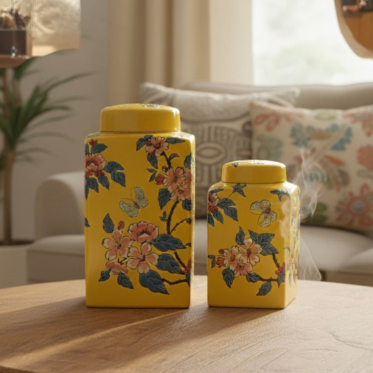 Two yellow rectangular ceramic jars with floral patterns displayed on a wooden coffee table in a sunlit, cozy living room setting.