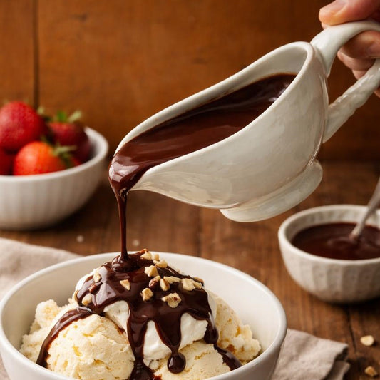 Cream ceramic gravy boat pouring rich chocolate sauce over scoops of vanilla ice cream topped with chopped nuts, styled on a wooden table with fresh strawberries in the background.