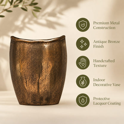 Premium handcrafted antique bronze metal decorative vase featuring textured finish, protective lacquer coating and indoor decorative use.