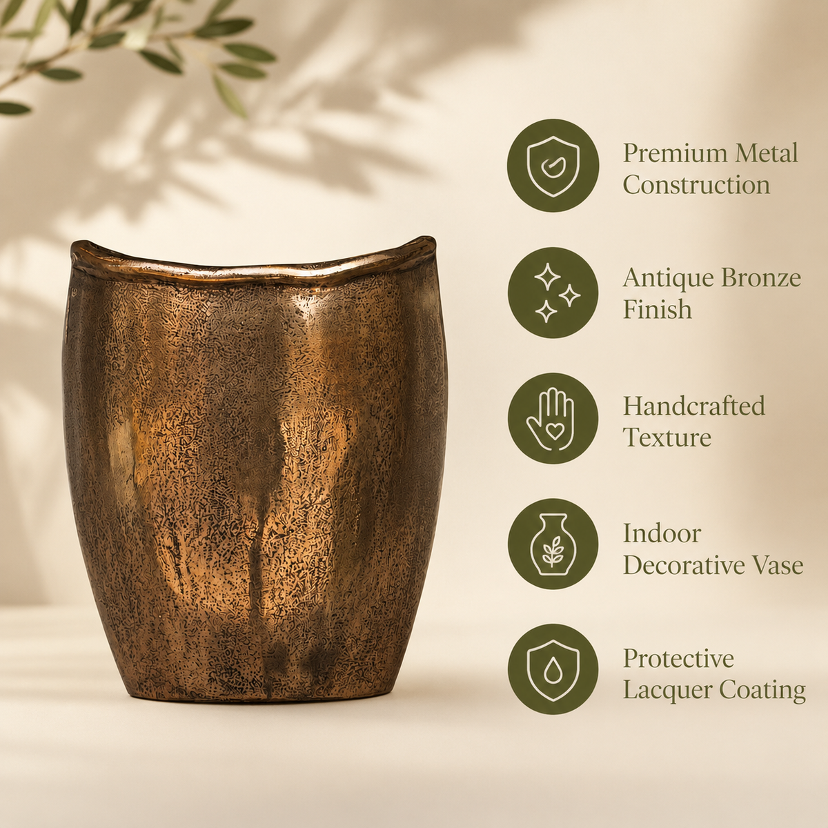 Premium handcrafted antique bronze metal decorative vase featuring textured finish, protective lacquer coating and indoor decorative use.