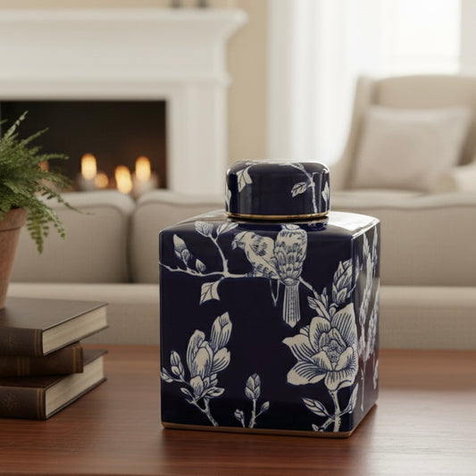 High-end porcelain jar with a bird and floral motif placed on a wooden coffee table, set against a blurred background of a modern white fireplace and cozy neutral-toned sofa.