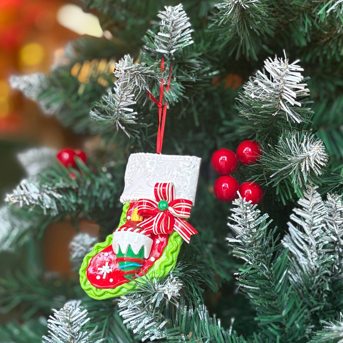 Christmas Ornaments - Light Green Stocking Hanging – texture and finish detail | INARA