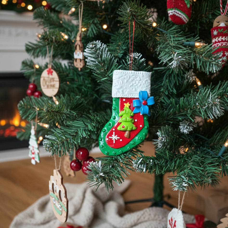 Christmas Ornaments - Dark Green Stocking Hanging – close-up detail view | INARA