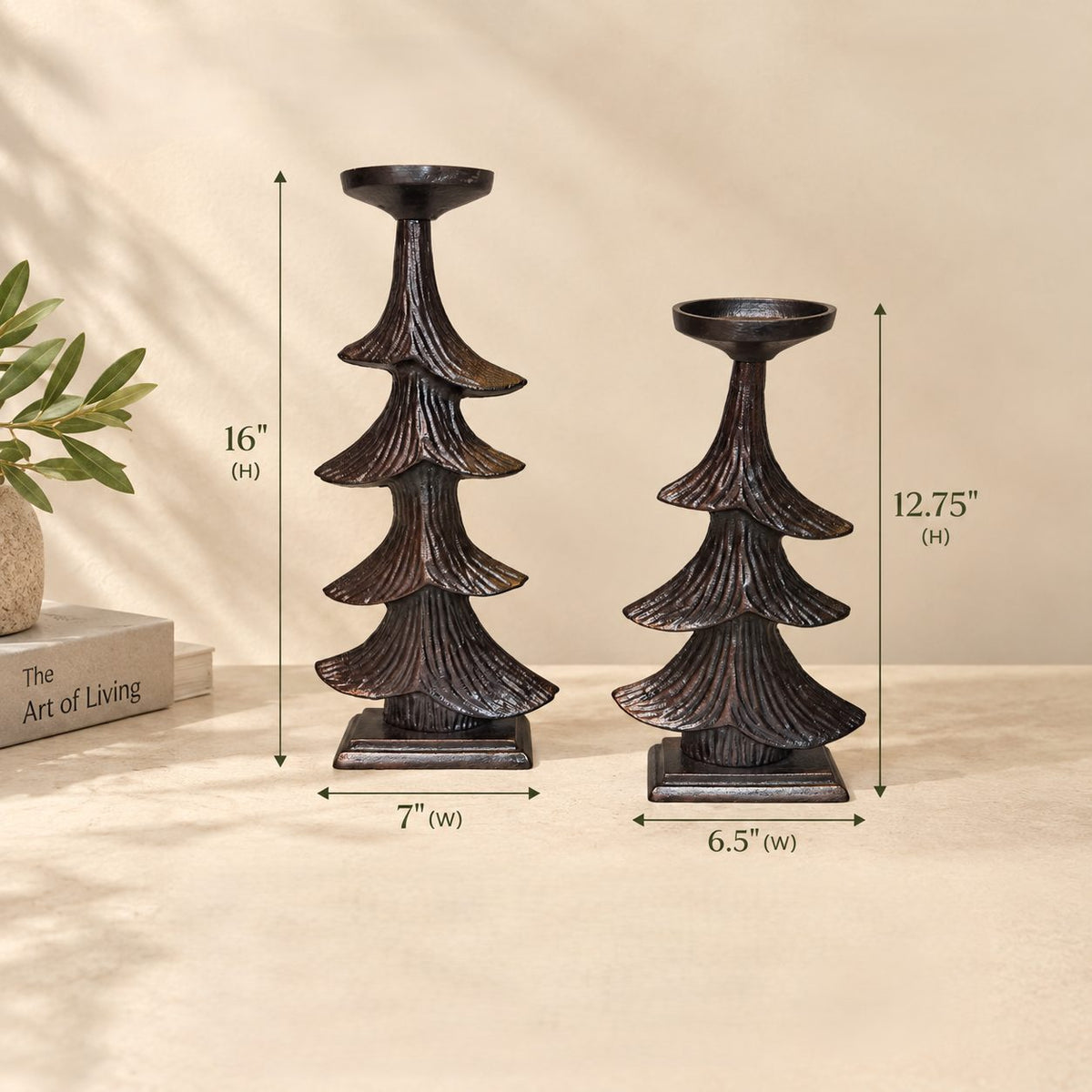 Dimensions of handcrafted metal Christmas tree candle holder set showing height and width measurements for both sizes.