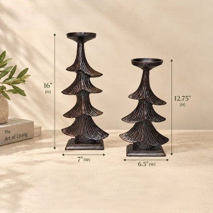 Dimensions of handcrafted metal Christmas tree candle holder set showing height and width measurements for both sizes.