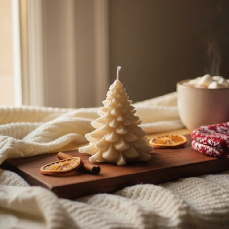 Vanilla Christmas Tree Soy Candle - White – close-up detail view | INARA