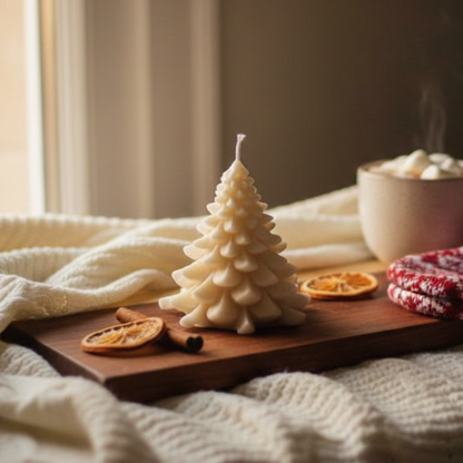 Vanilla Christmas Tree Soy Candle - White – close-up detail view | INARA