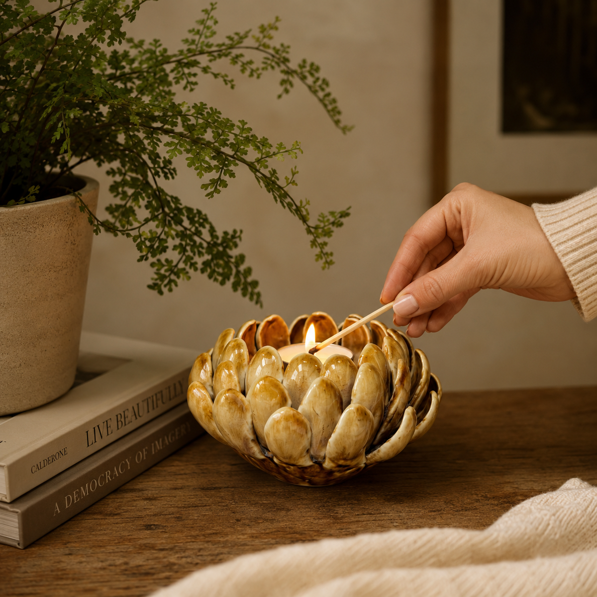 Chrysanthemum Ceramic T-Light Holder – alternate angle | INARA