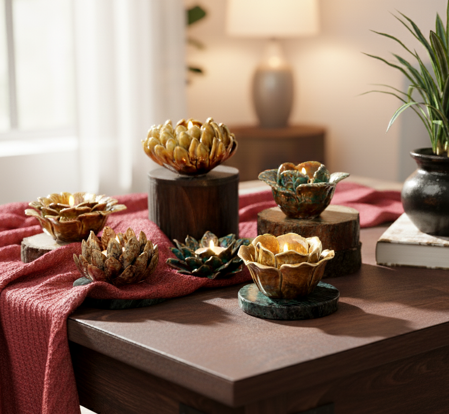 Chrysanthemum Ceramic T-Light Holder – texture and finish detail | INARA