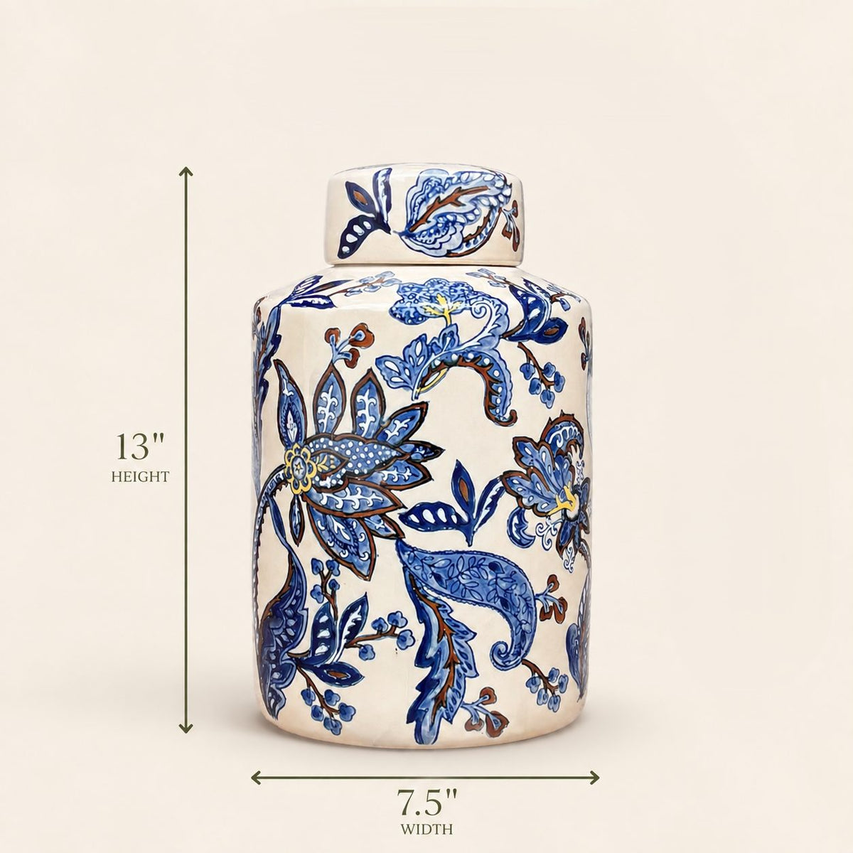 Dimensions of the blue and white ceramic decorative jar measuring 13 inches in height and 7.5 inches in width.