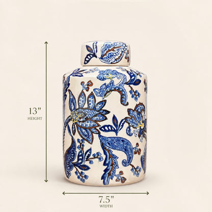 Dimensions of the blue and white ceramic decorative jar measuring 13 inches in height and 7.5 inches in width.