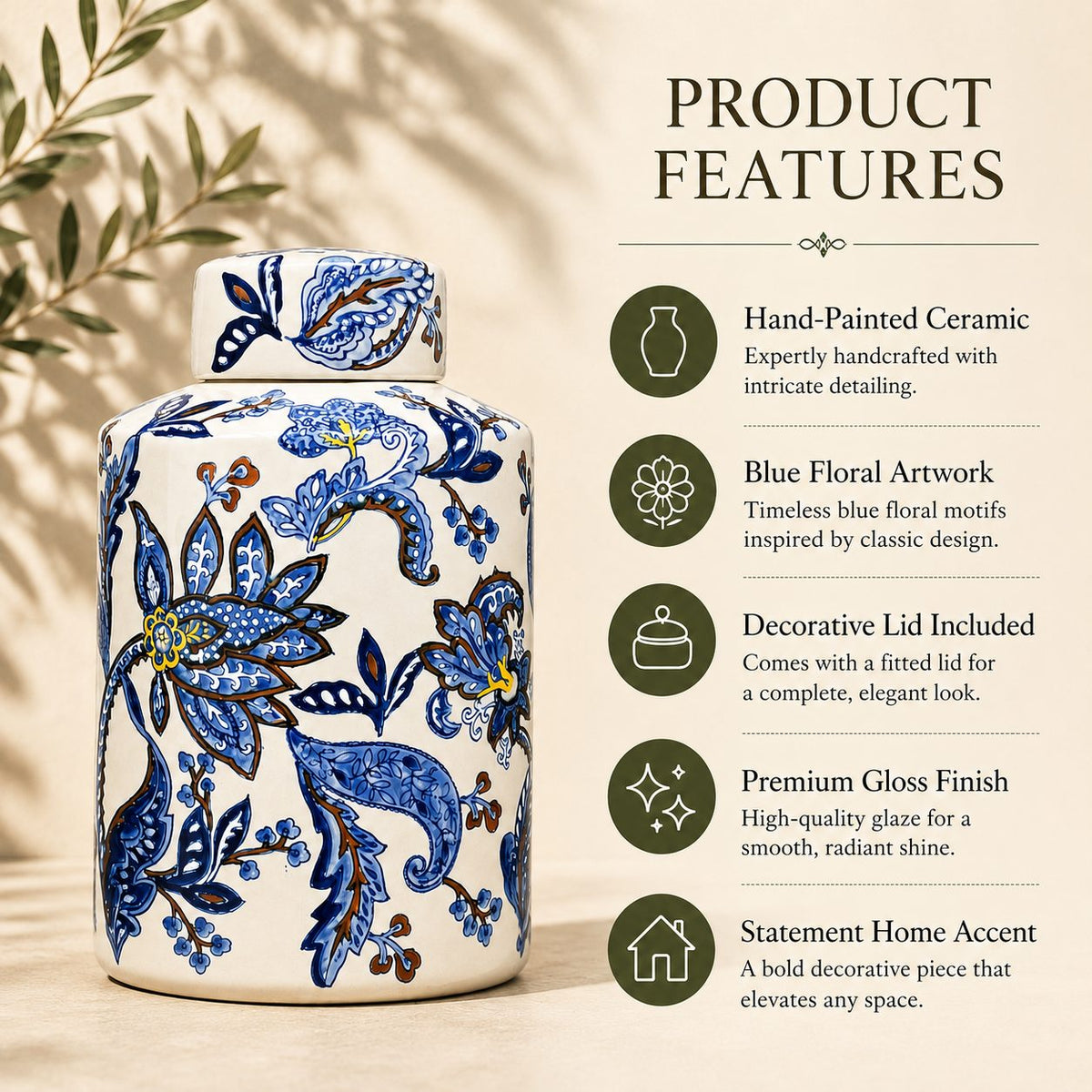 Product features of a hand-painted blue and white ceramic decorative jar highlighting floral artwork, glossy finish, decorative lid, and premium craftsmanship.