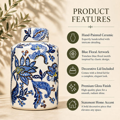 Product features of a hand-painted blue and white ceramic decorative jar highlighting floral artwork, glossy finish, decorative lid, and premium craftsmanship.