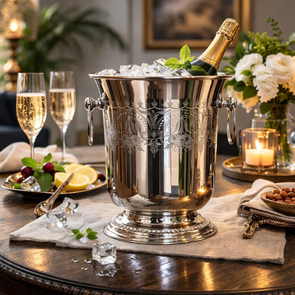 Luxury engraved silver champagne bucket with side handles, stainless steel wine chiller with ice and bottle, elegant barware for home entertaining and dining table décor.