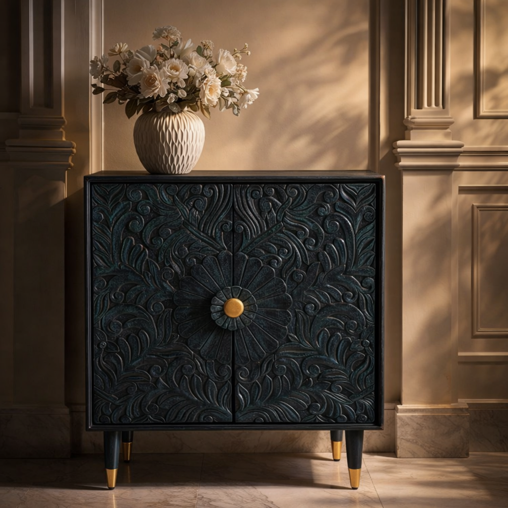 Classic teal handcarved wooden sideboard cabinet styled with textured vase and fresh flowers in a refined traditional interior.