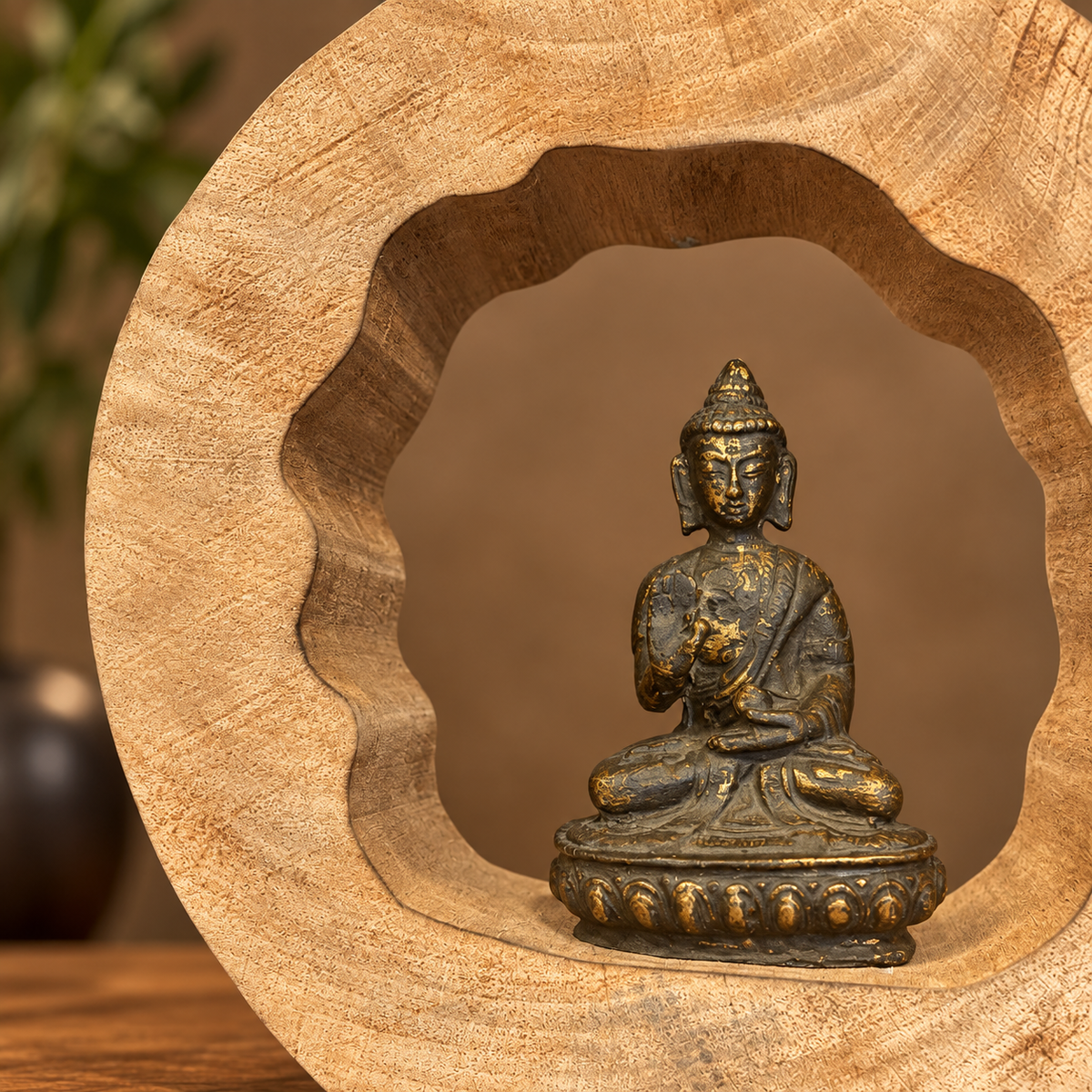 Close-up of handcrafted wooden Buddha meditation sculpture showcasing natural wood grain, artisan craftsmanship, and premium detailing.
