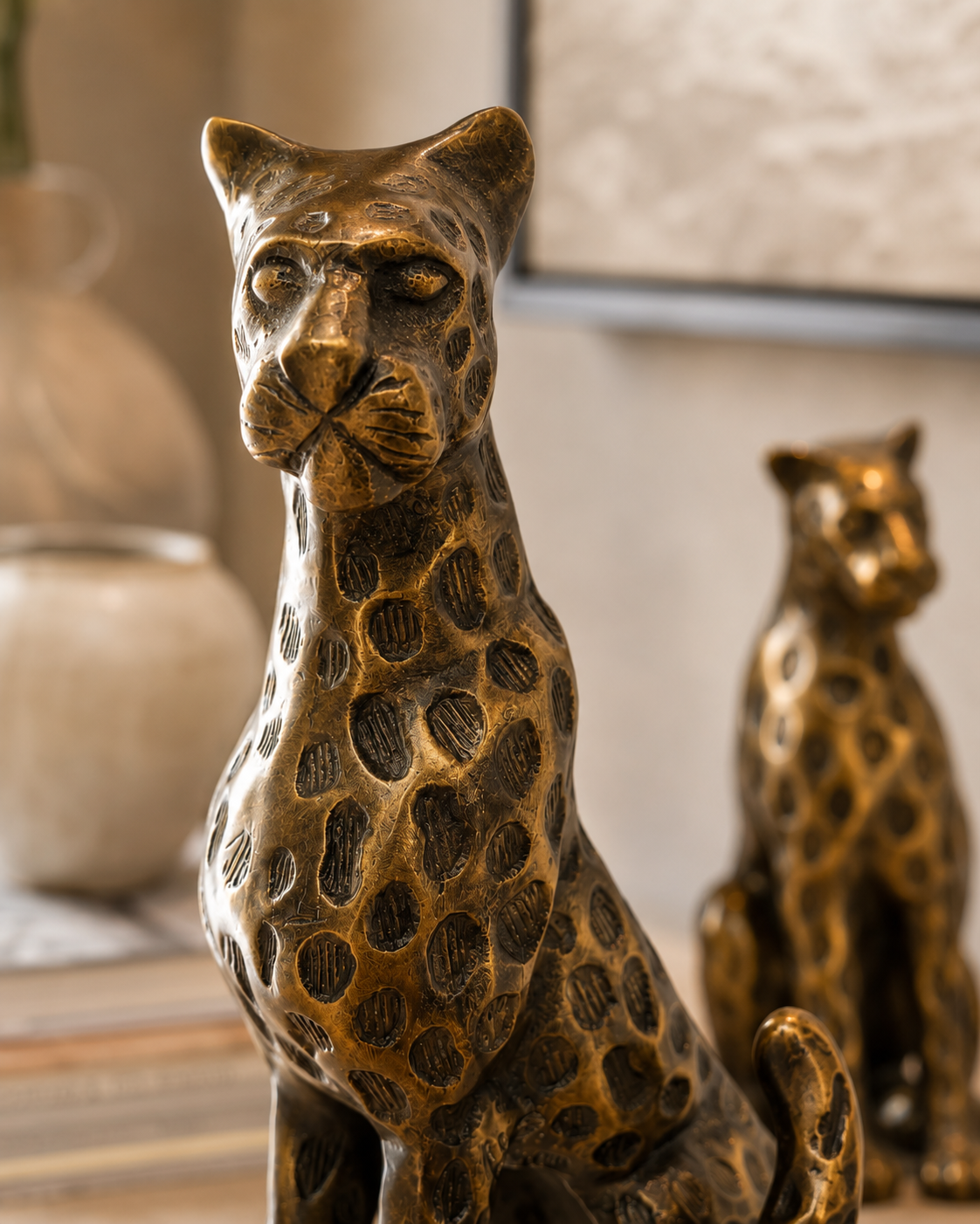Antique Brass Leopard Sculpture Set Of 2