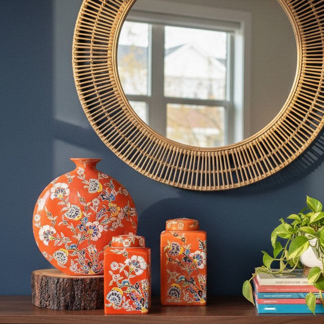 Coral Bloom Hand-Painted Ceramic Jar – close-up detail view | INARA