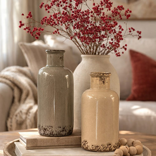 Crackle Ceramic Vase – A calming interplay of muted blue tones and rustic texture, this ceramic vase embodies quiet sophistication | INARA