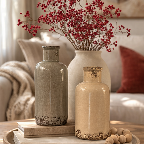 Crackle Ceramic Vase – A calming interplay of muted blue tones and rustic texture, this ceramic vase embodies quiet sophistication | INARA