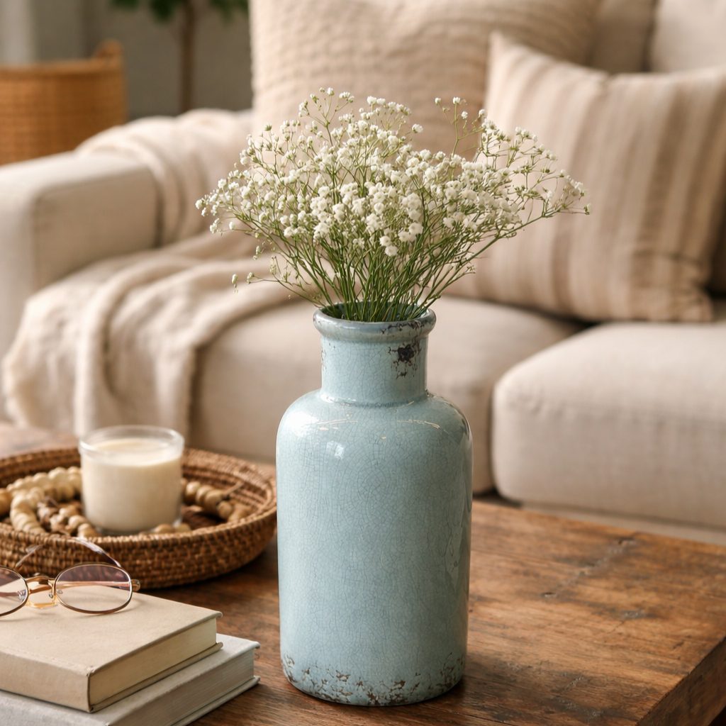 Light blue crackle-finish ceramic vase with white baby’s breath flowers styled on a wooden coffee table in a cozy living room setting.