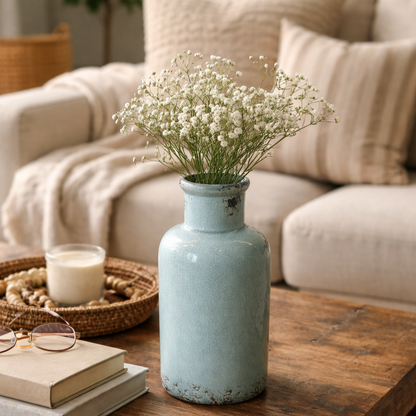 Light blue crackle-finish ceramic vase with white baby’s breath flowers styled on a wooden coffee table in a cozy living room setting.