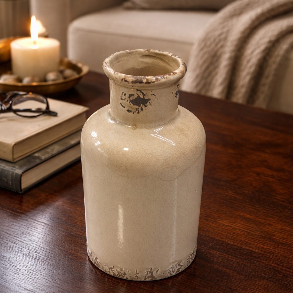 Rustic ivory ceramic bottle vase with crackle glaze styled on a dark polished wood coffee table in an elegant living room setting.