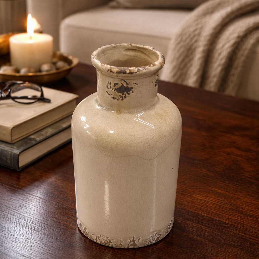 Rustic ivory ceramic bottle vase with crackle glaze styled on a dark polished wood coffee table in an elegant living room setting.