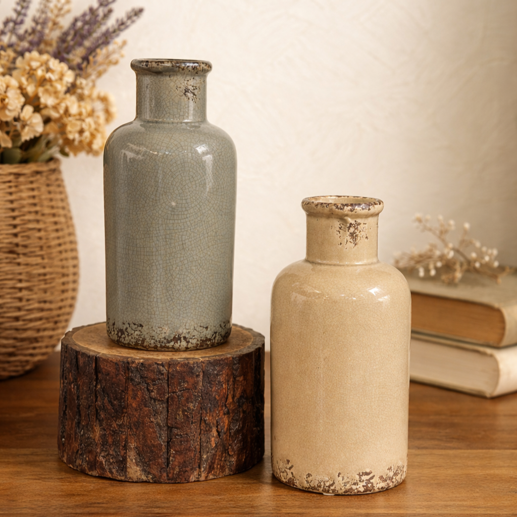 Set of two rustic ceramic bottle vases with crackle glaze finish styled on a wooden table in a warm neutral home decor setting.