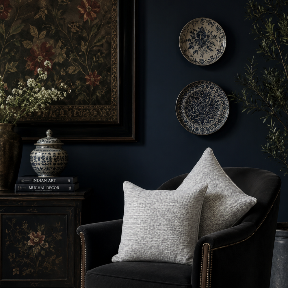 Repeat Beige Stripe Linen Cushion Covers styled on a dark upholstered chair in a luxury living room with decorative wall plates, elegant floral artwork, and navy blue walls.