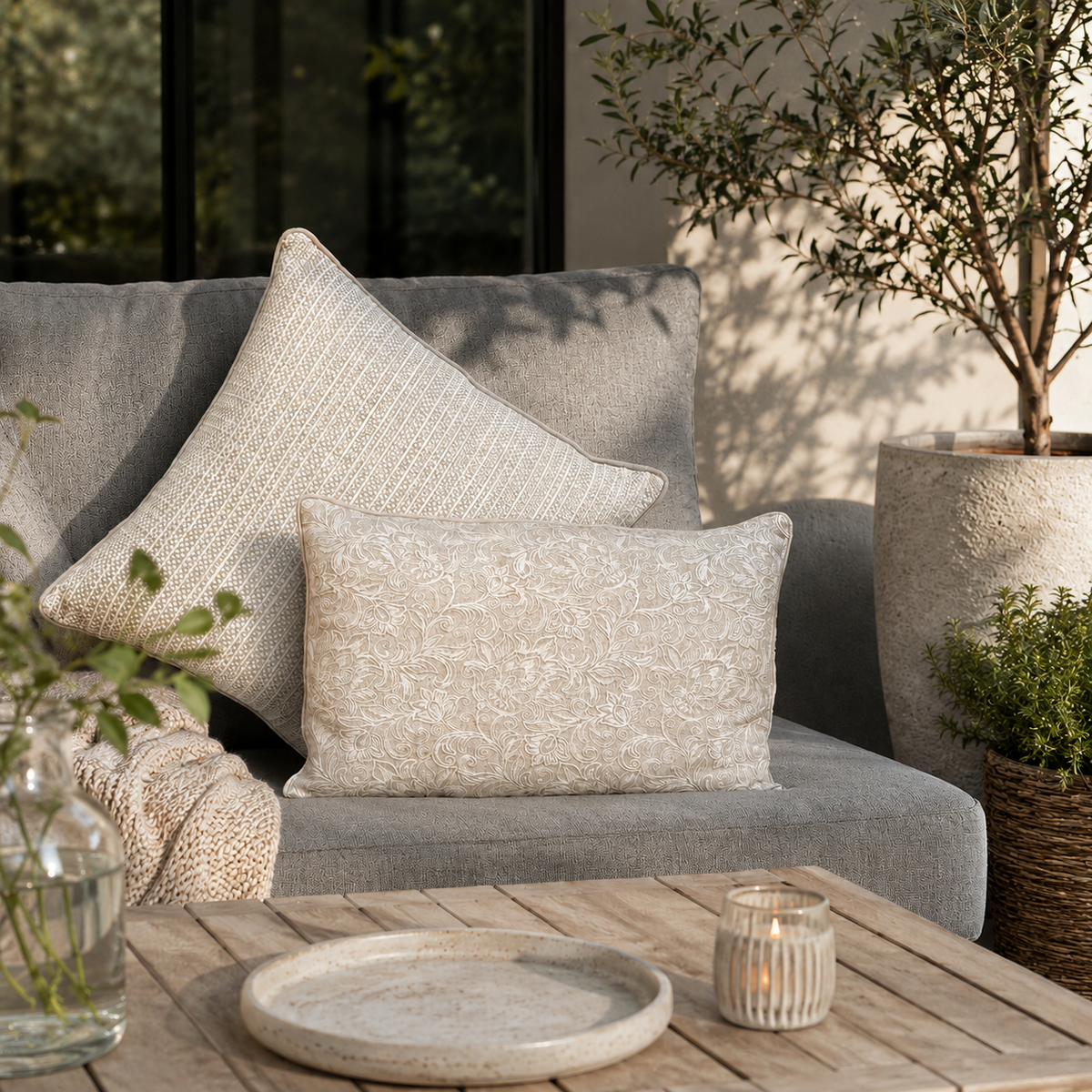 Grey sofa styled with premium beige linen cushion covers featuring floral and textured patterns in a modern luxury living room setting with natural light and elegant décor.