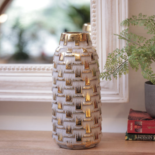 Off White/Gold Ceramic Decorative Vase And Showpiece