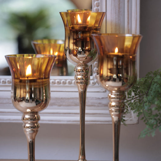 Amber/Gold Tall Glass Candle Stand - Set of 3