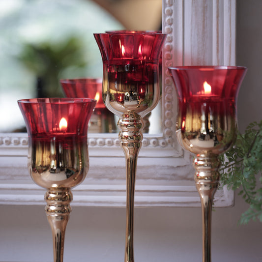 Red/Gold Tall Glass Candle Stand - Set of 3