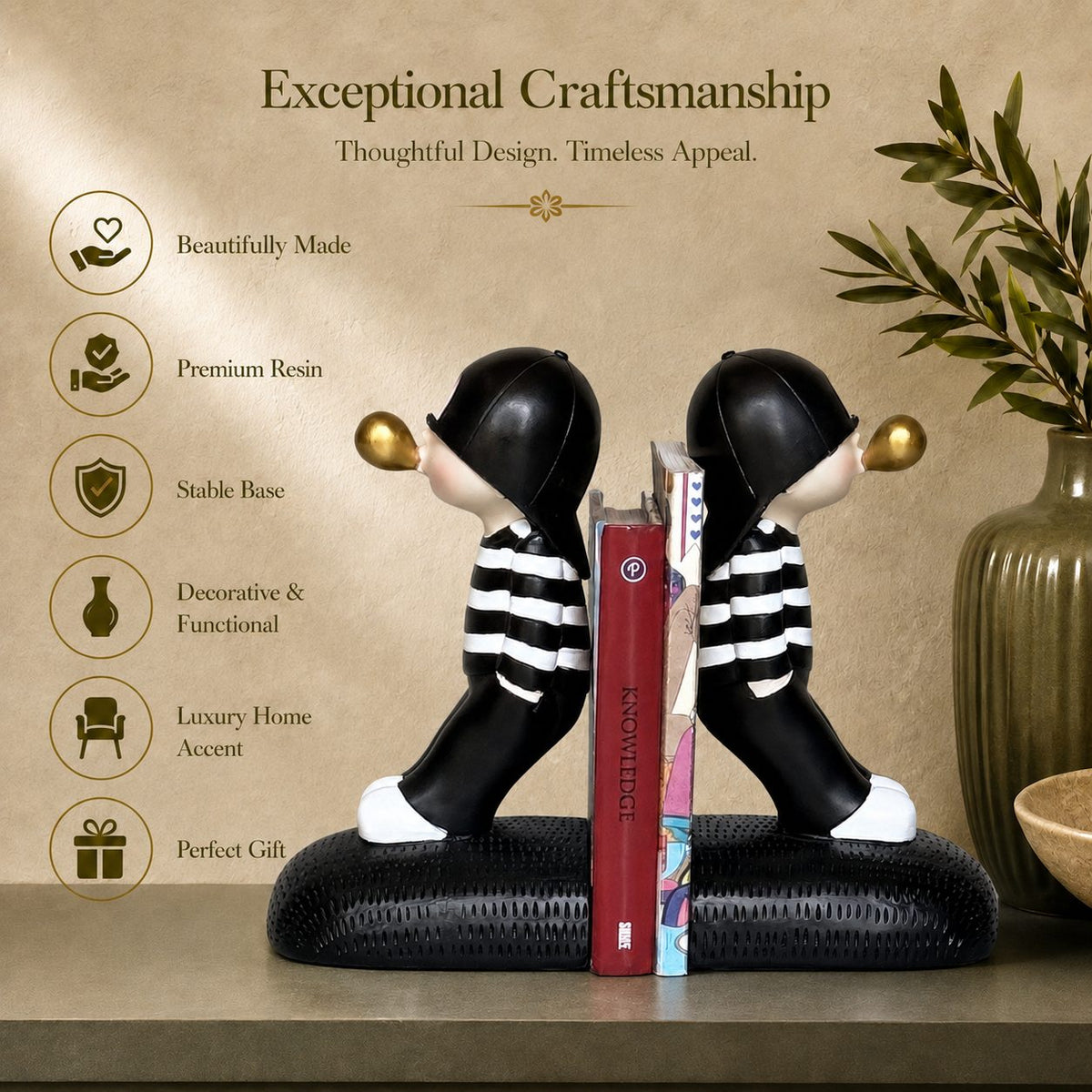 Bookend features: resin material, stable base, gift-ready packagin