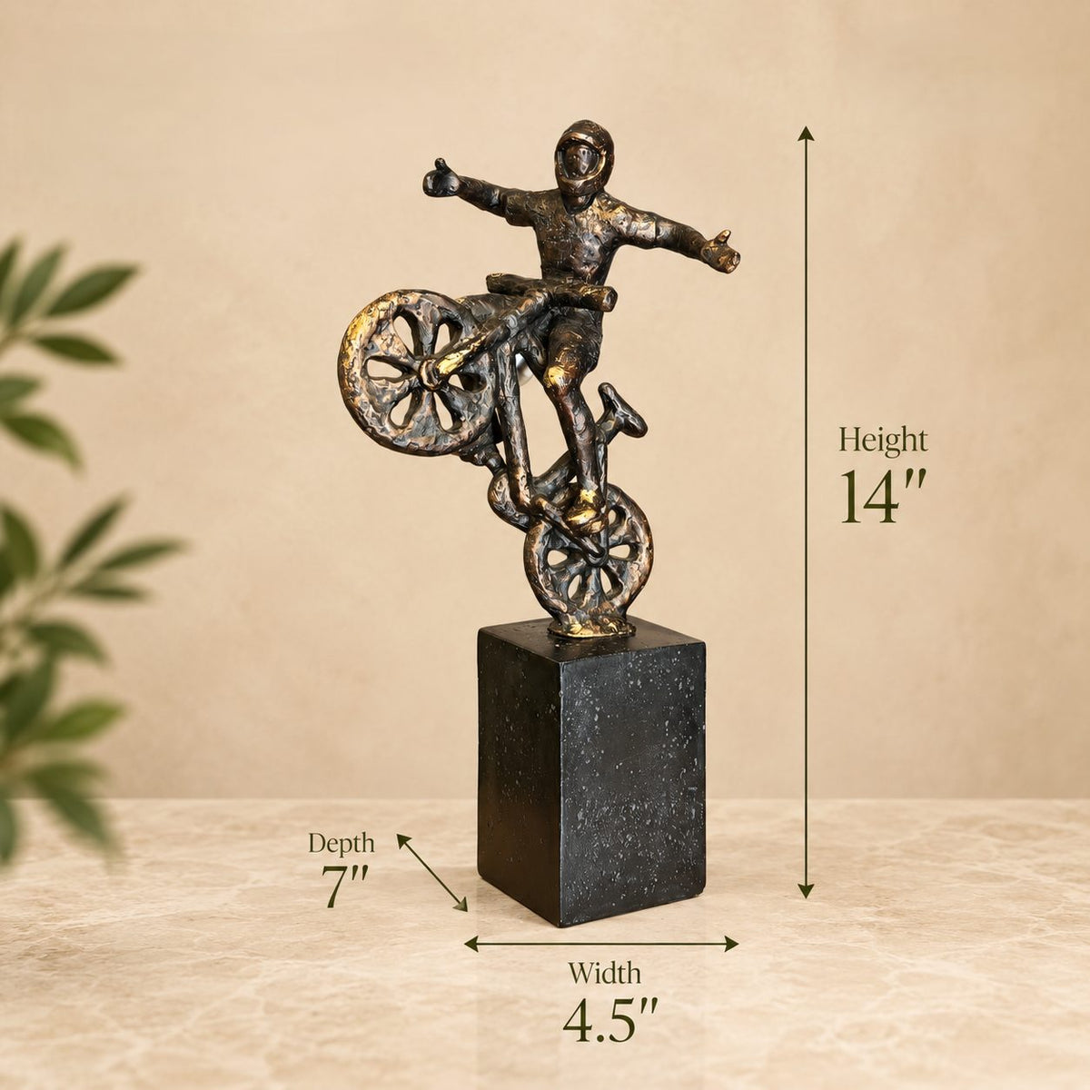 Dimensions of premium cyclist balancing bike resin sculpture measuring 14 inches high, 4.5 inches wide and 7 inches deep.