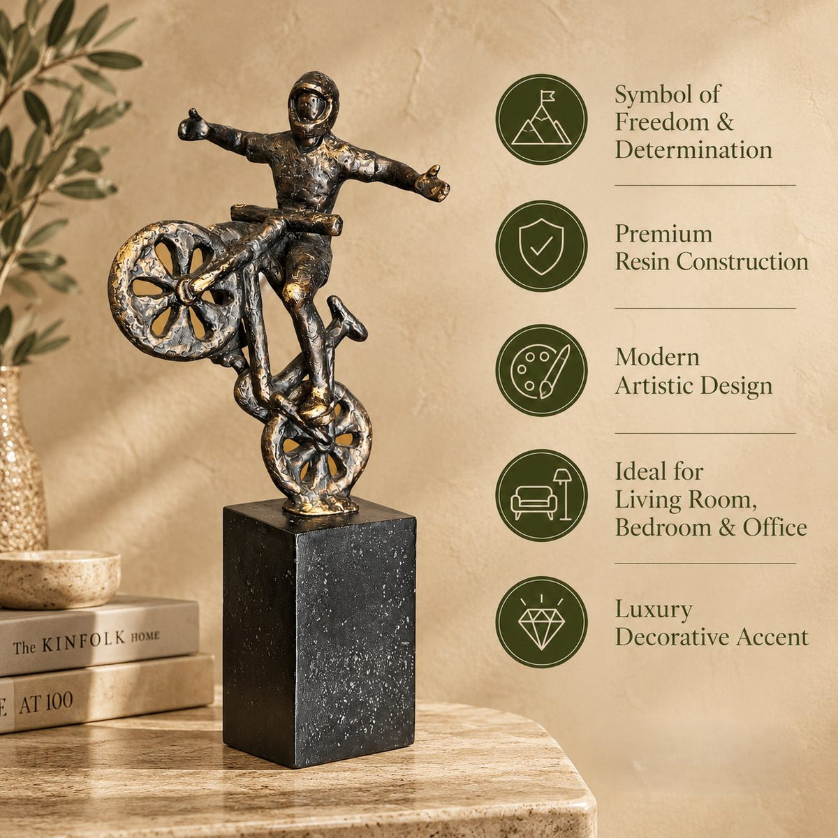 Premium resin cyclist balancing bike sculpture featuring modern artistic design, symbol of freedom and determination, ideal luxury home décor for living room, bedroom and office.