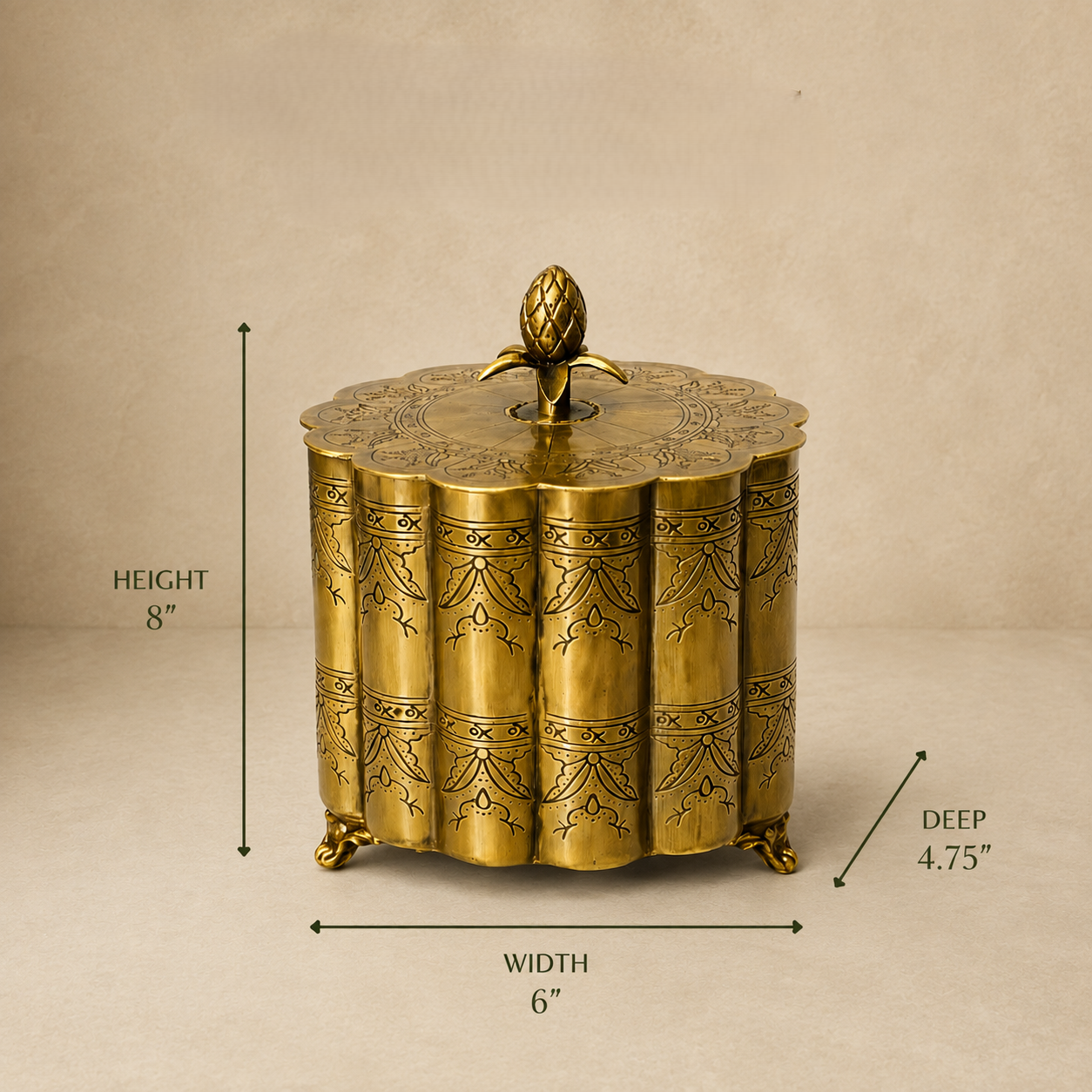 Dimensions infographic of Decorative Antique Brass Storage Box with 8 inch height, 6 inch width and 4.75 inch depth on a premium beige luxury studio background by Inara Home Decor.