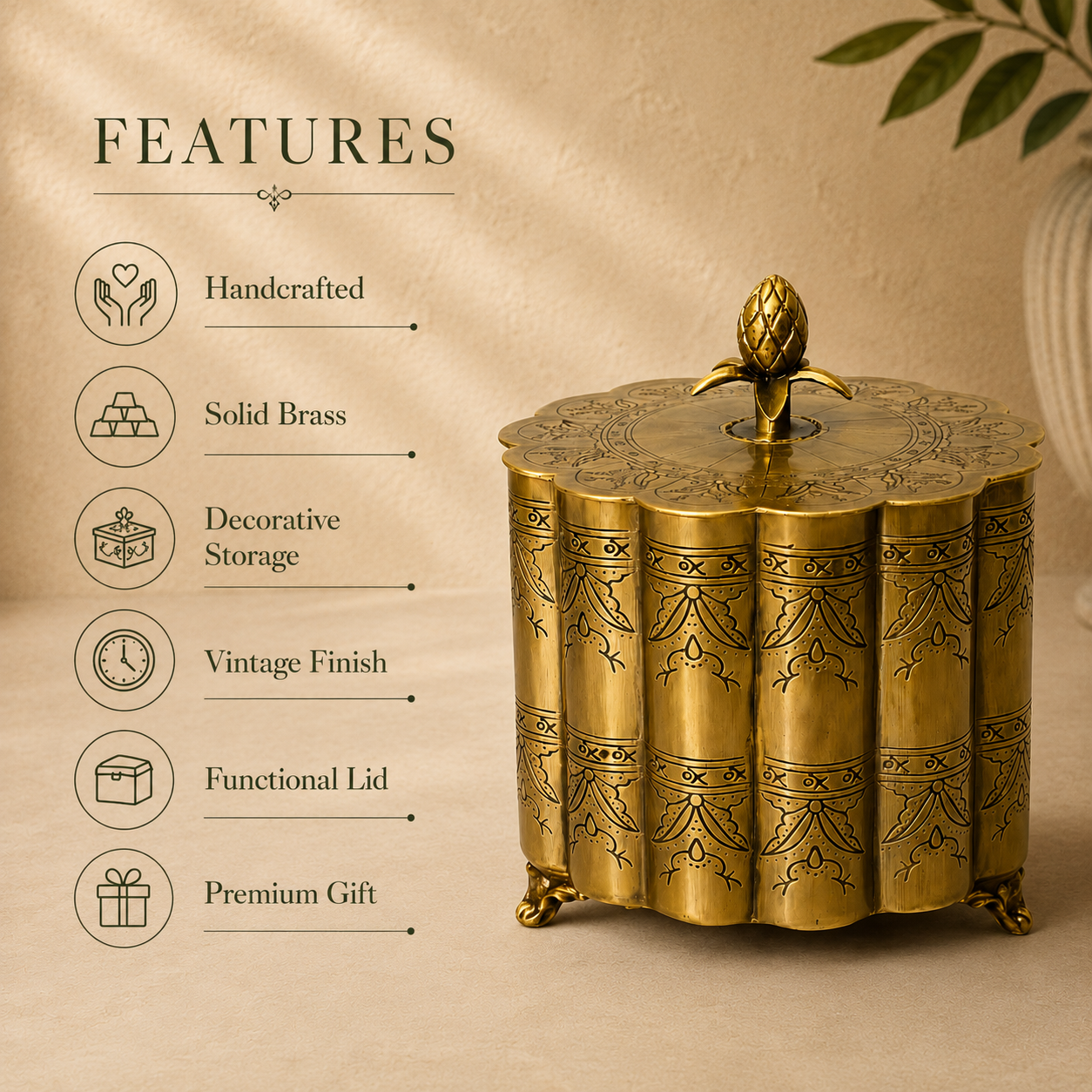 Feature infographic of a decorative antique brass storage box showcasing handcrafted craftsmanship, solid brass construction, decorative storage, vintage finish, functional lid, and premium gift quality on a luxury beige studio background.