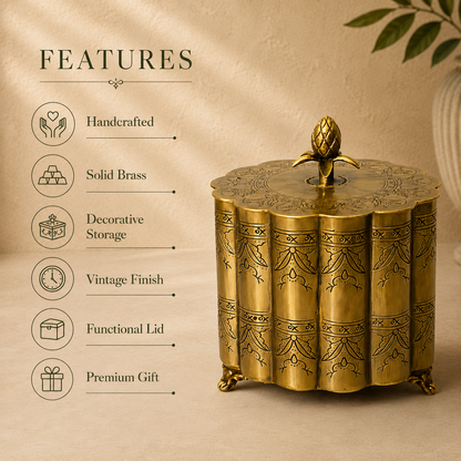 Feature infographic of a decorative antique brass storage box showcasing handcrafted craftsmanship, solid brass construction, decorative storage, vintage finish, functional lid, and premium gift quality on a luxury beige studio background.