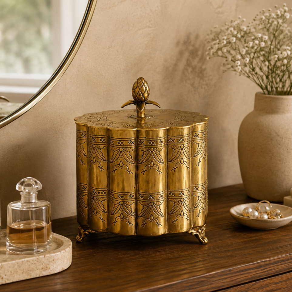 Decorative antique brass storage box styled on a luxury dressing table with oak wood, travertine accessories, warm beige Venetian plaster wall, and natural daylight, ideal for elegant home décor.
