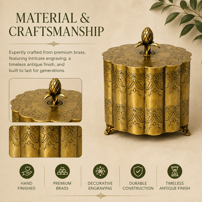 Material and craftsmanship infographic of a decorative antique brass storage box featuring hand-finished premium brass, decorative engraved detailing, durable construction, and a timeless antique finish on a luxury beige background.
