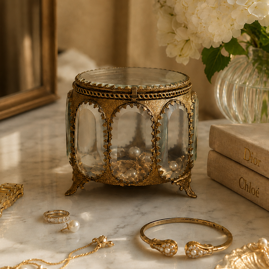 Antique brass and glass jewelry box displayed on a luxury marble vanity with gold jewelry and white flowers, elegant home decor by Inara Home Decor.