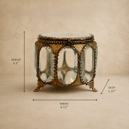 Dimensions of the Antique Brass and Glass Trinket Box showing 4.5-inch height, 4.75-inch width, and 5.25-inch depth by Inara Home Decor.
