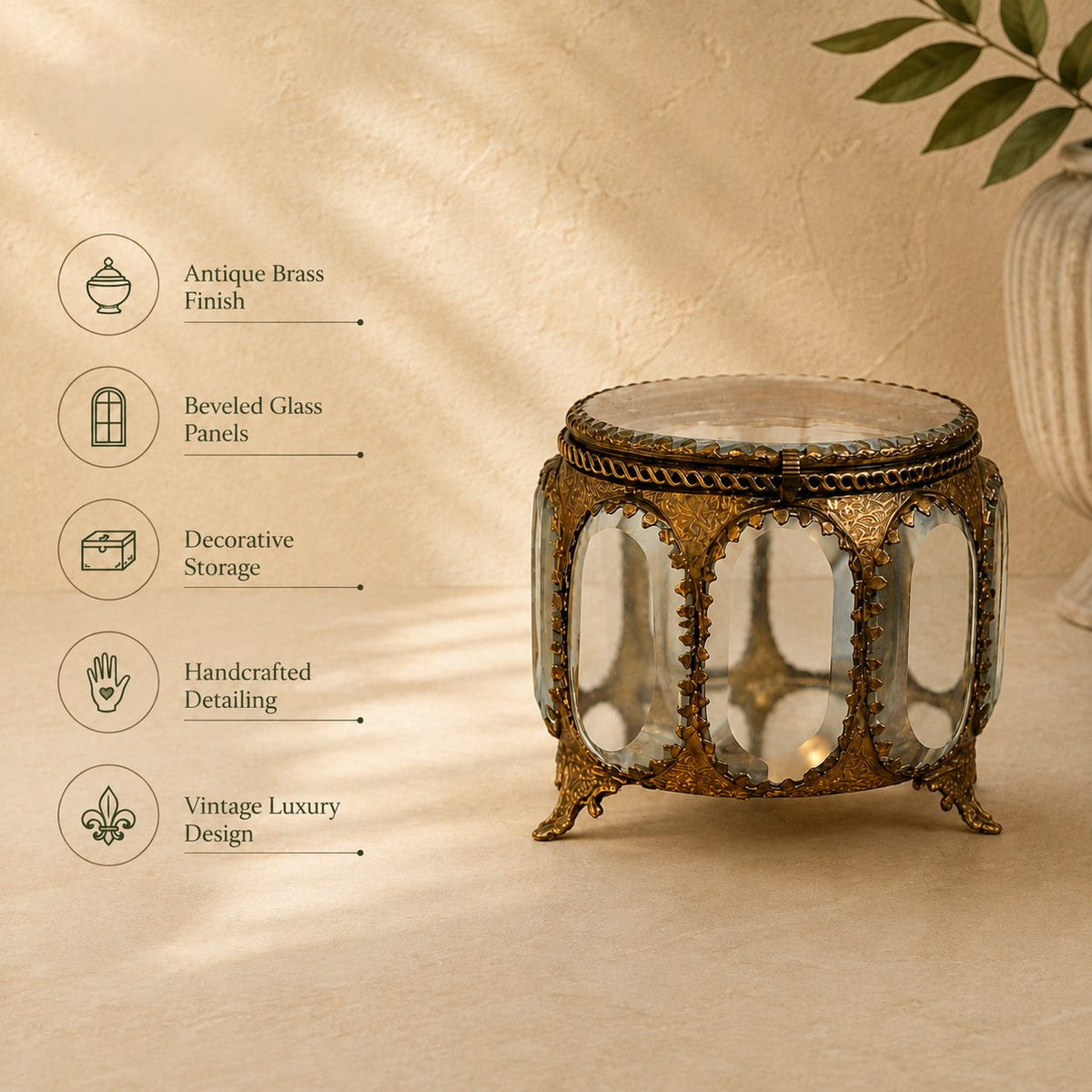 Antique brass and glass trinket box featuring beveled glass panels, handcrafted detailing, decorative storage, and vintage luxury design.