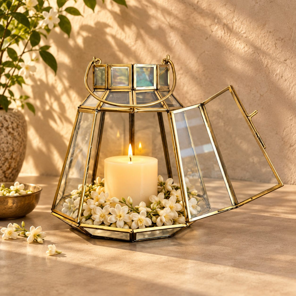 Elegant handcrafted brass and clear glass lantern featuring a lit pillar candle surrounded by fresh white mogra flowers, creating a warm festive home décor display.